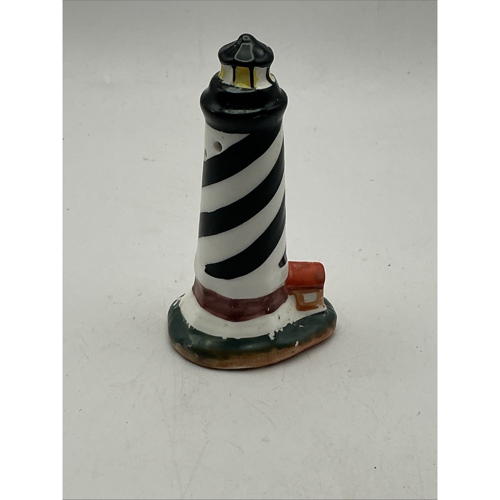 Vtg Ceramic Lighthouse Salt Pepper Shaker 3.75" Black White Spiral Nautical NEW
